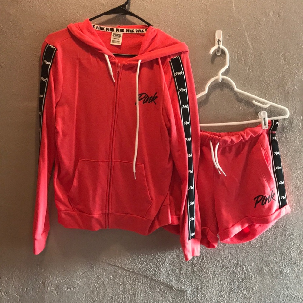 Pink Brand Zipper Hoodie & Shorts